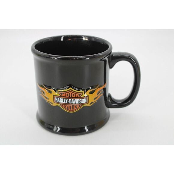 2002 Harley Davidson Relief Mug EUC 16 oz Black With Embossed Logo & Flames - Picture 1 of 7